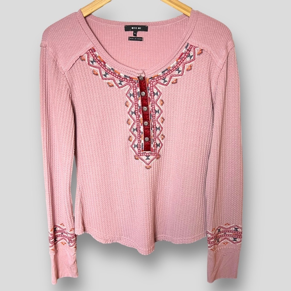 Miss Me Shirt Mauve Henley Embellished Long Sleeve Waffle knit Thermal Top